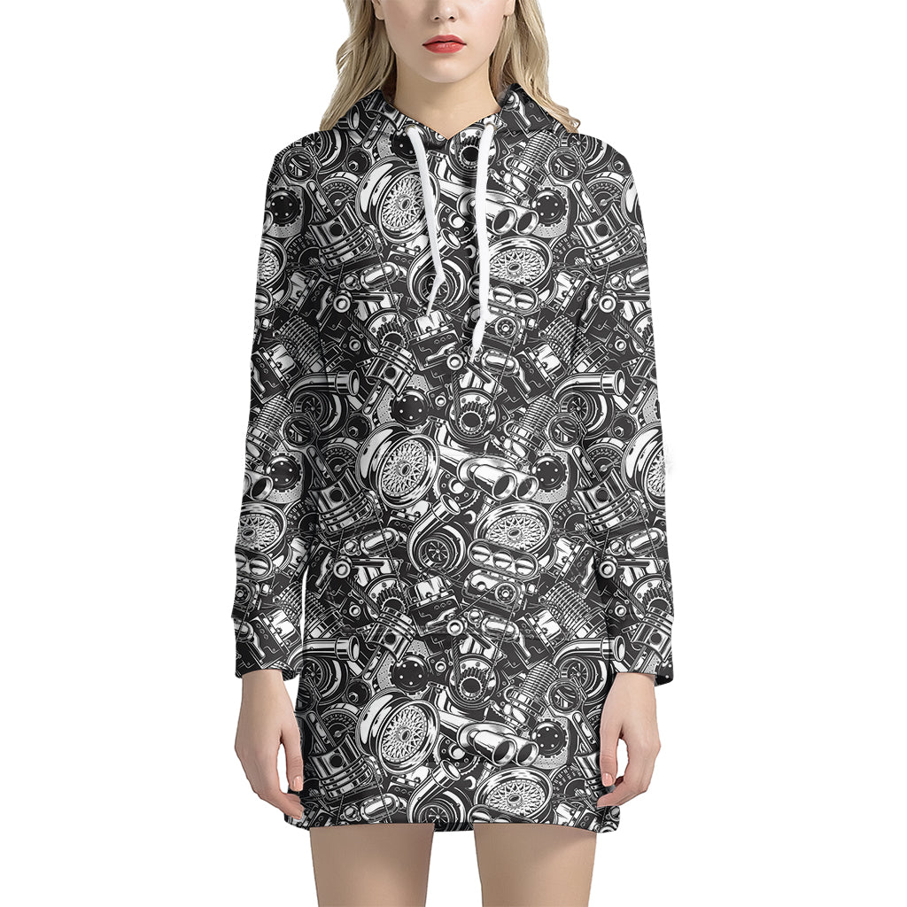 Black And White Mechanic Pattern Print Hoodie Dress