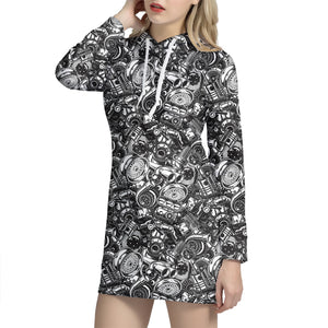 Black And White Mechanic Pattern Print Hoodie Dress