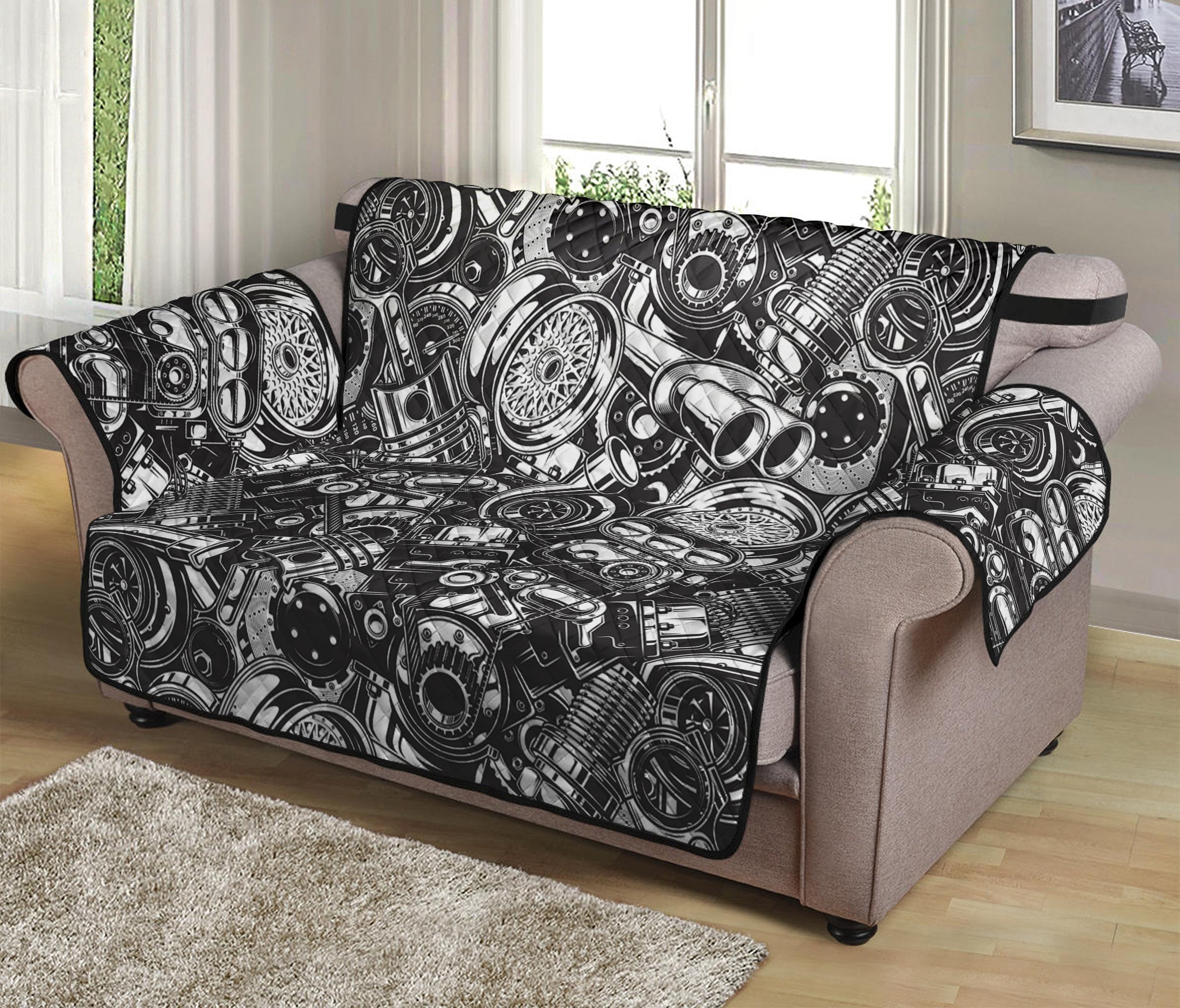 Black And White Mechanic Pattern Print Loveseat Protector