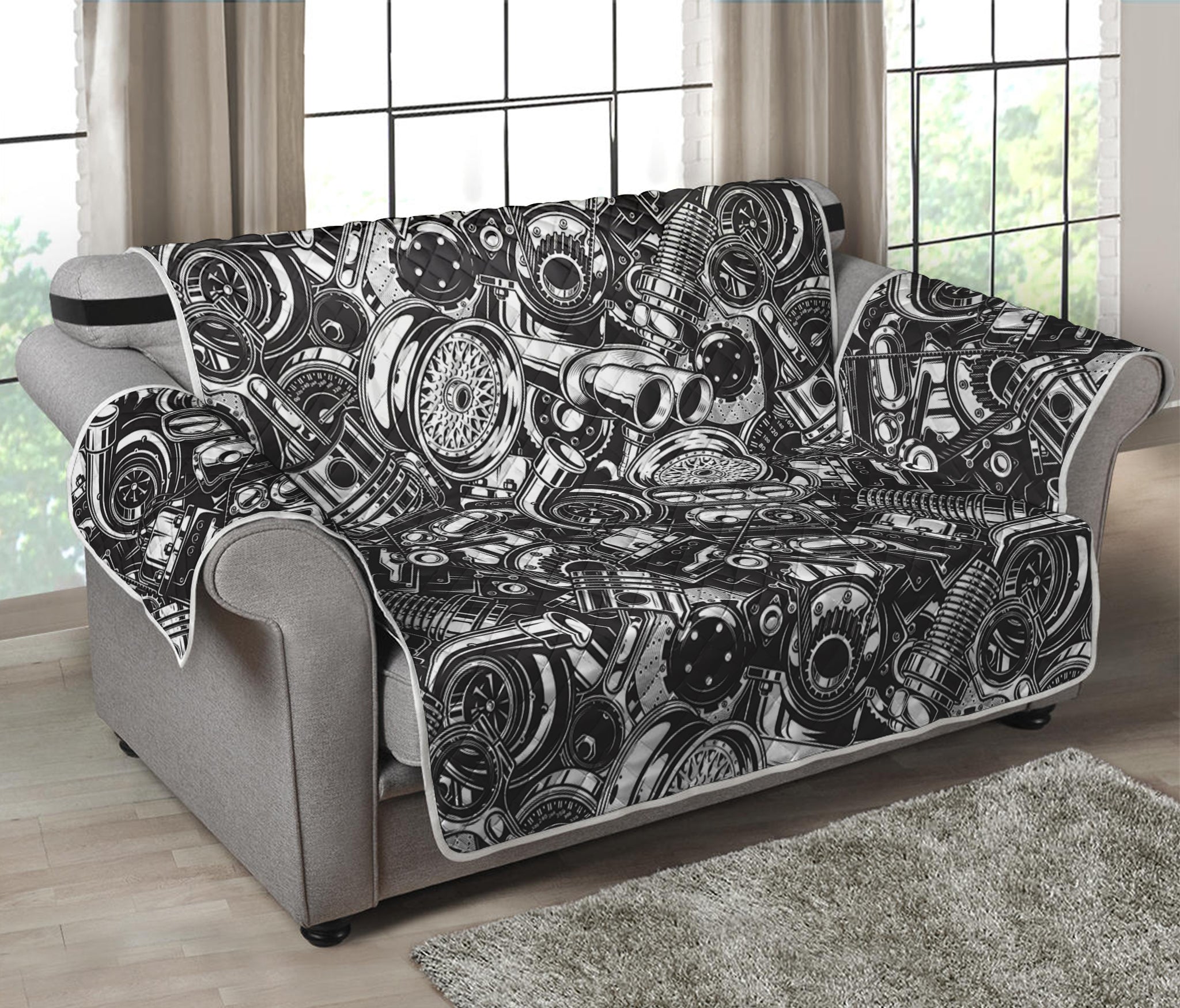 Black And White Mechanic Pattern Print Loveseat Protector