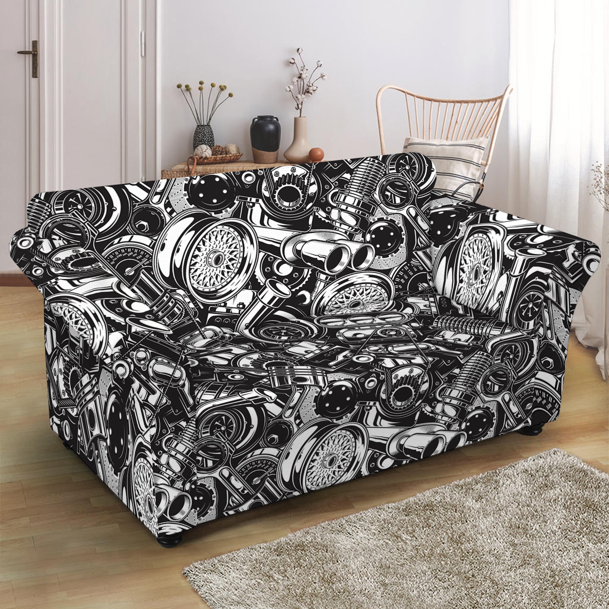 Black And White Mechanic Pattern Print Loveseat Slipcover