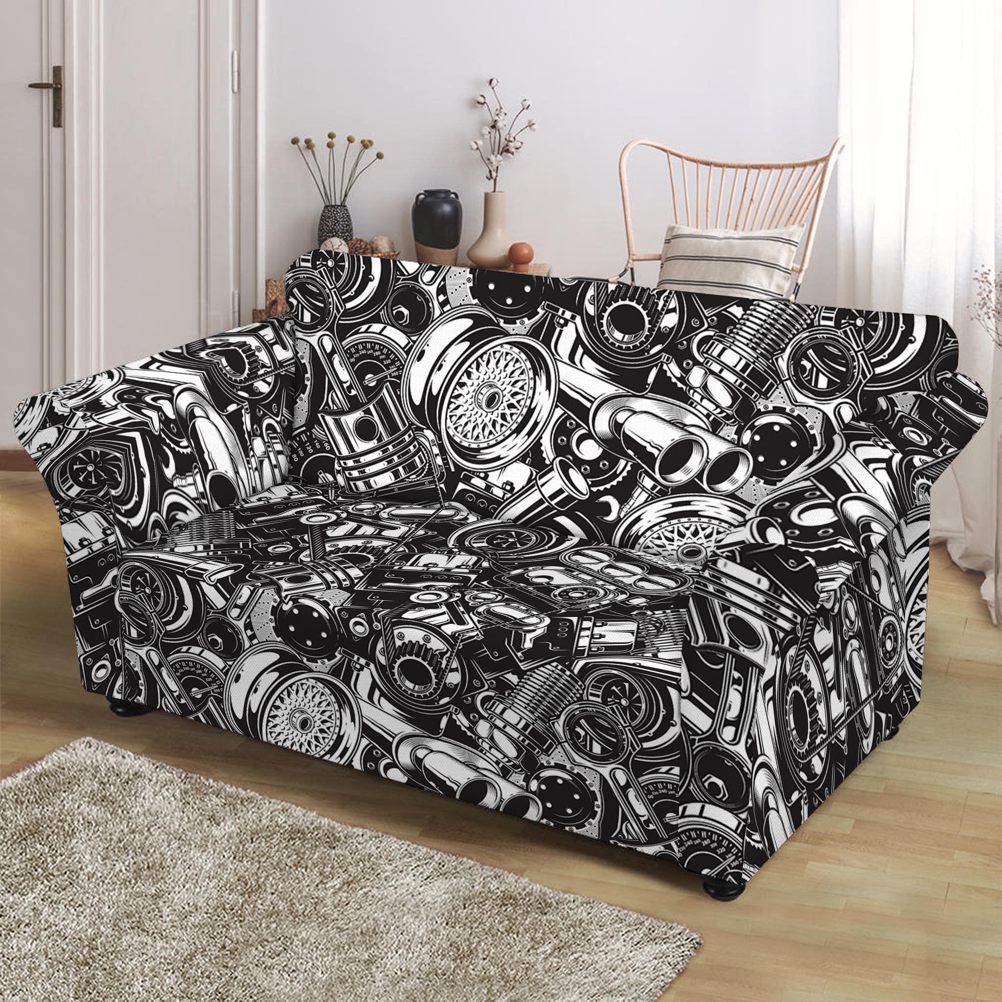 Black And White Mechanic Pattern Print Loveseat Slipcover