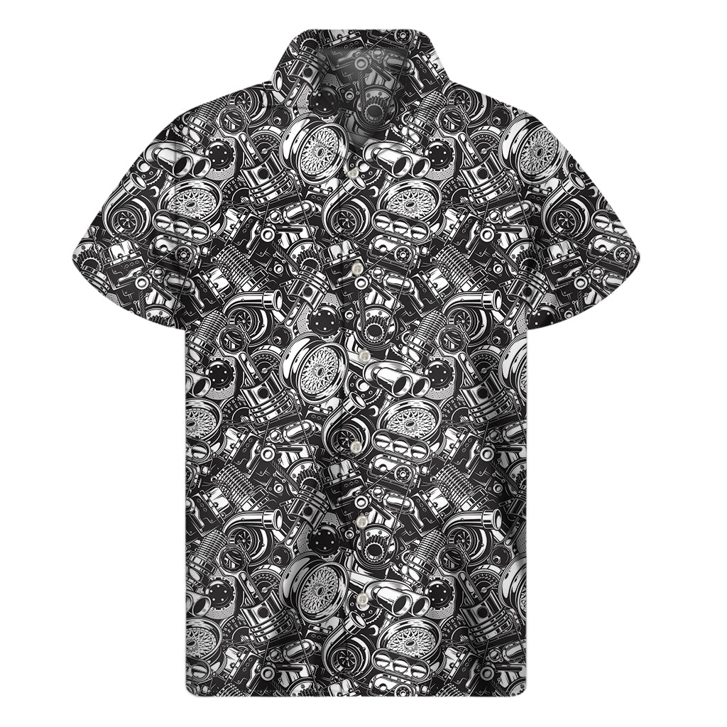 Black And White Mechanic Pattern Print Men's Short Sleeve Shirt