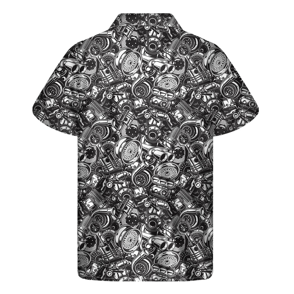 Black And White Mechanic Pattern Print Men's Short Sleeve Shirt