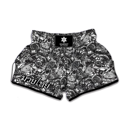 Black And White Mechanic Pattern Print Muay Thai Boxing Shorts