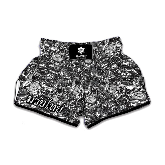 Black And White Mechanic Pattern Print Muay Thai Boxing Shorts