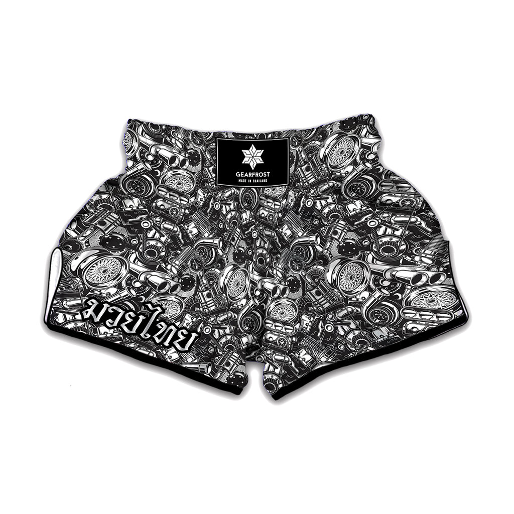 Black And White Mechanic Pattern Print Muay Thai Boxing Shorts