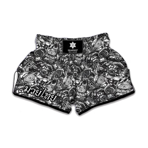 Black And White Mechanic Pattern Print Muay Thai Boxing Shorts