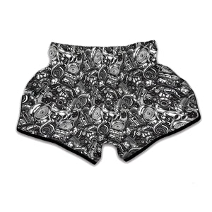 Black And White Mechanic Pattern Print Muay Thai Boxing Shorts