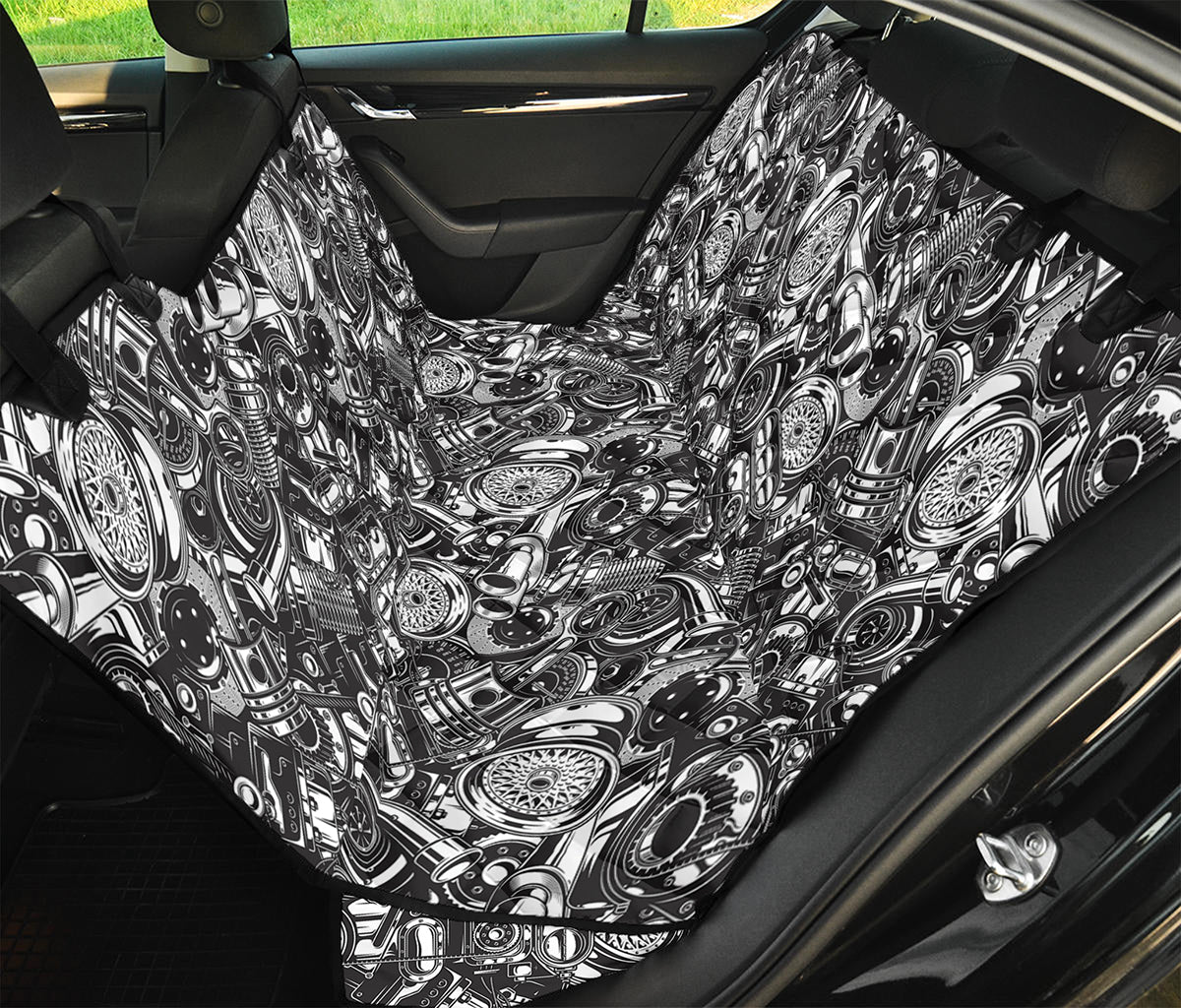 Black And White Mechanic Pattern Print Pet Car Back Seat Cover