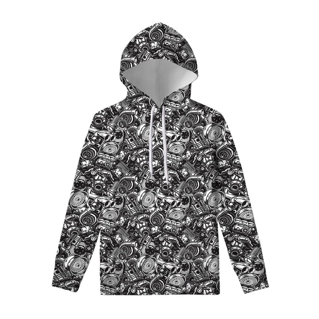 Black And White Mechanic Pattern Print Pullover Hoodie