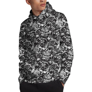 Black And White Mechanic Pattern Print Pullover Hoodie