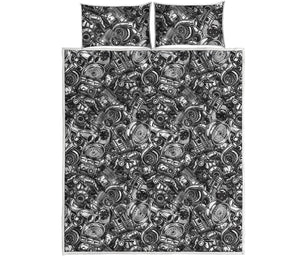 Black And White Mechanic Pattern Print Quilt Bed Set