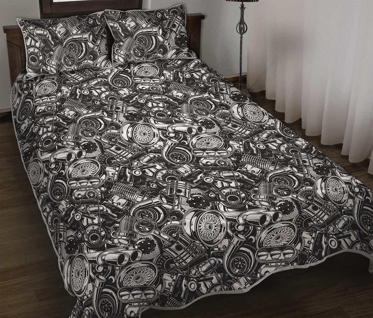 Black And White Mechanic Pattern Print Quilt Bed Set