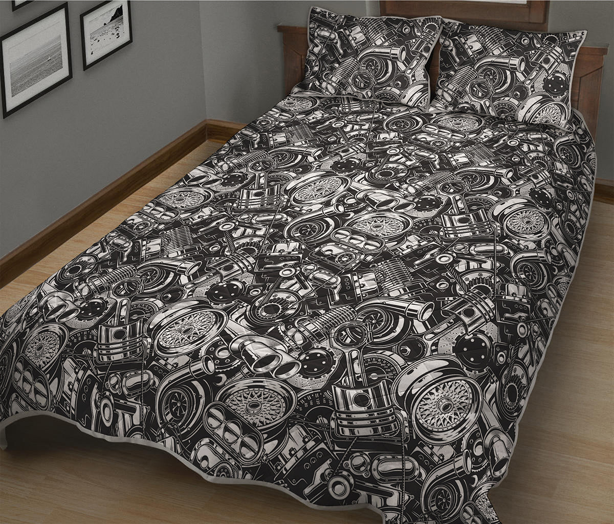 Black And White Mechanic Pattern Print Quilt Bed Set