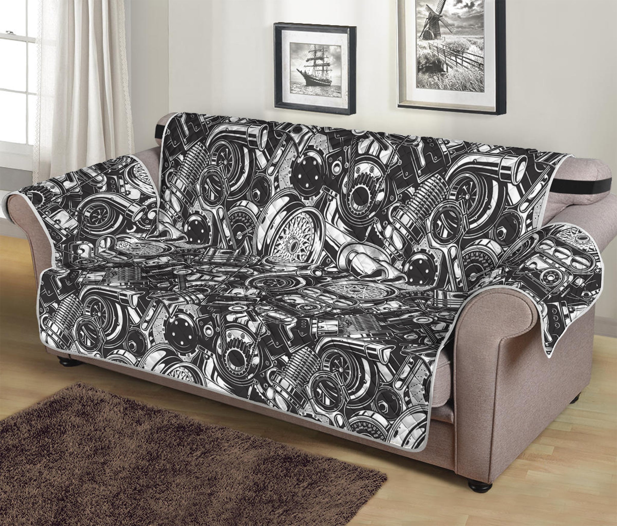 Black And White Mechanic Pattern Print Sofa Protector