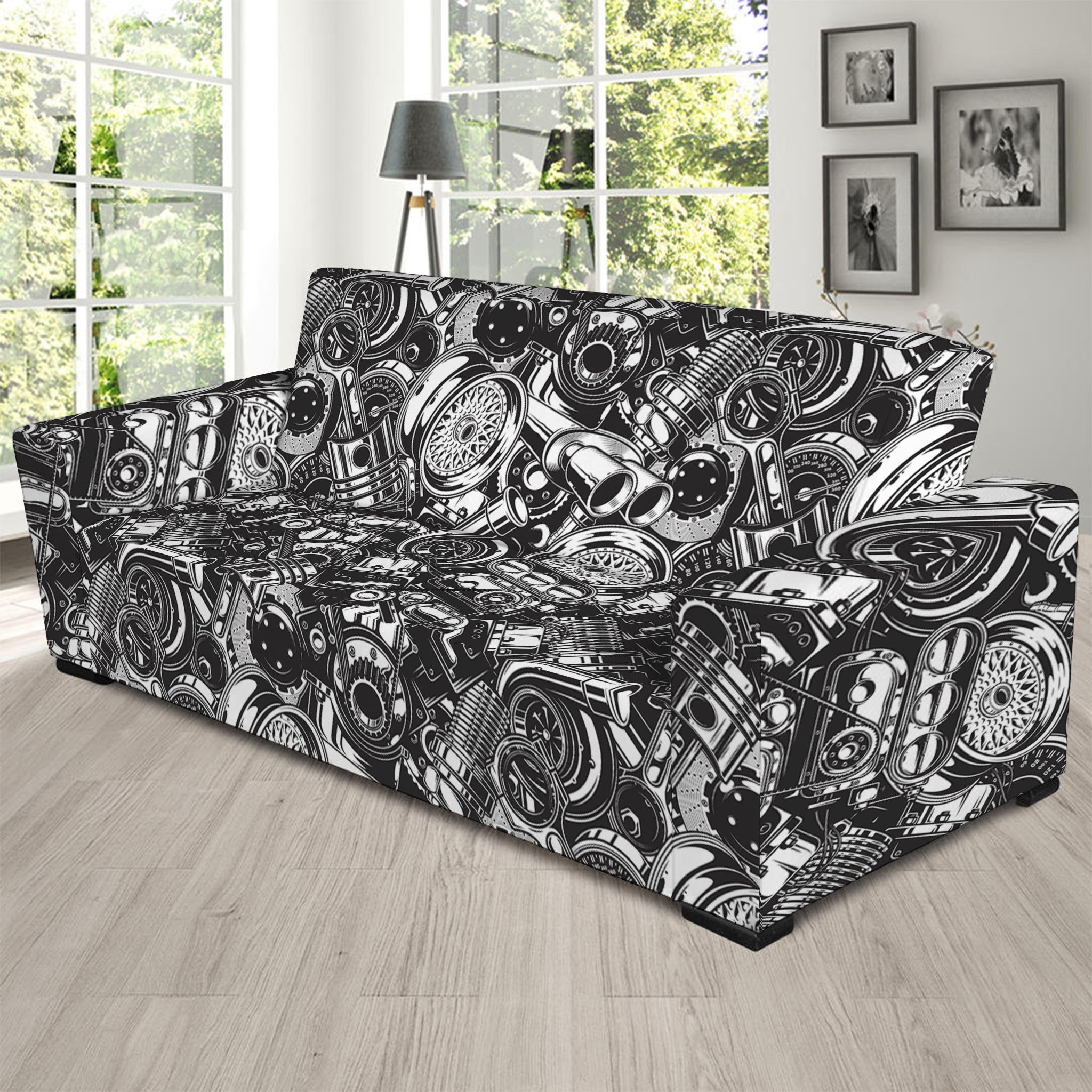 Black And White Mechanic Pattern Print Sofa Slipcover