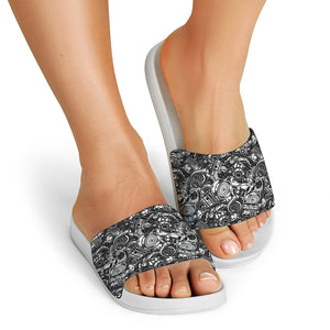 Black And White Mechanic Pattern Print White Slide Sandals