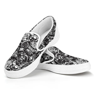 Black And White Mechanic Pattern Print White Slip On Shoes