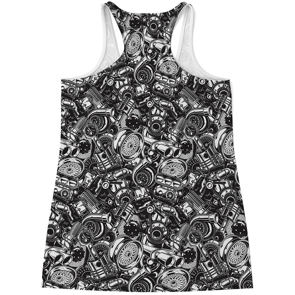 Black And White Mechanic Pattern Print Women's Racerback Tank Top