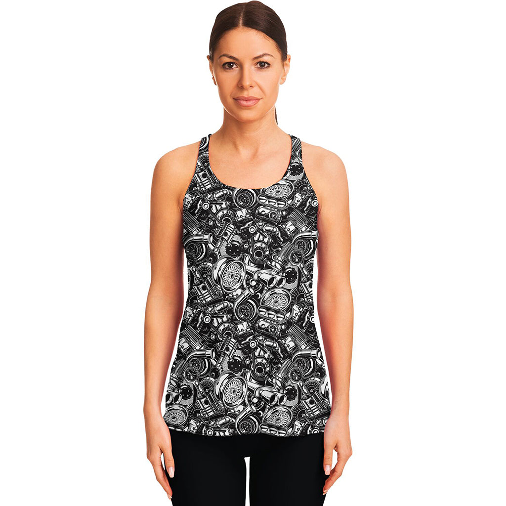 Black And White Mechanic Pattern Print Women's Racerback Tank Top