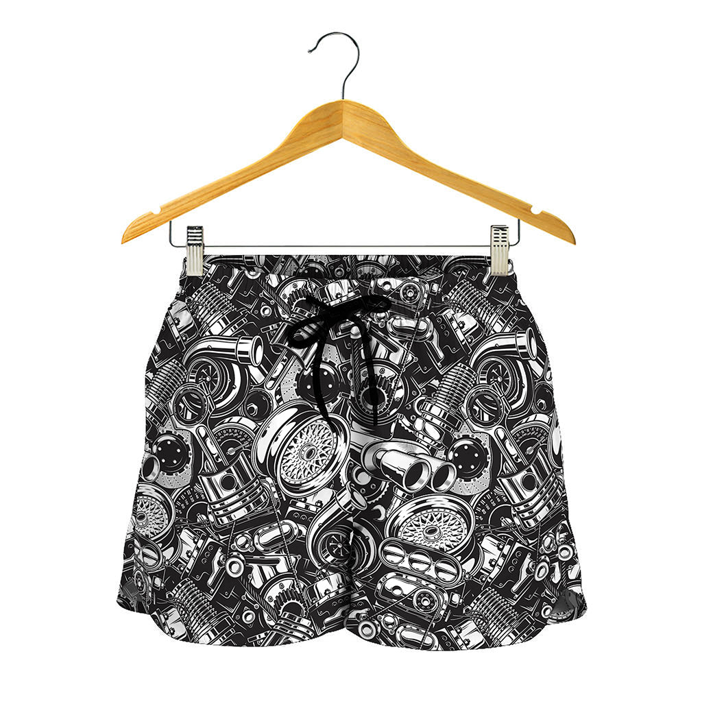 Black And White Mechanic Pattern Print Women's Shorts