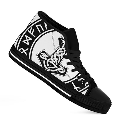 Black And White Mjolnir Print Black High Top Shoes