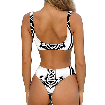 Black And White Mjolnir Print Front Bow Tie Bikini