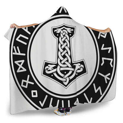 Black And White Mjolnir Print Hooded Blanket
