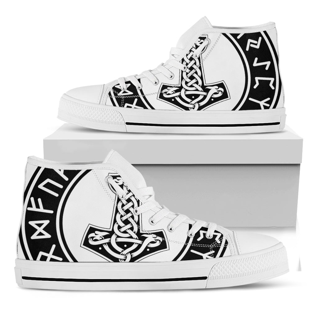 Black And White Mjolnir Print White High Top Shoes