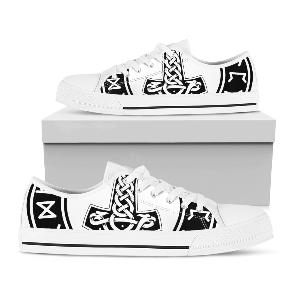 Black And White Mjolnir Print White Low Top Shoes