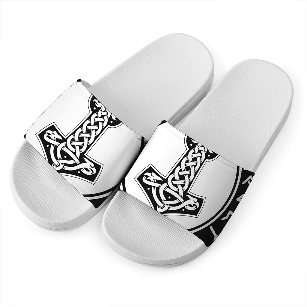 Black And White Mjolnir Print White Slide Sandals
