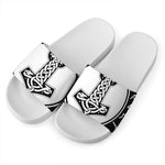 Black And White Mjolnir Print White Slide Sandals