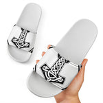 Black And White Mjolnir Print White Slide Sandals