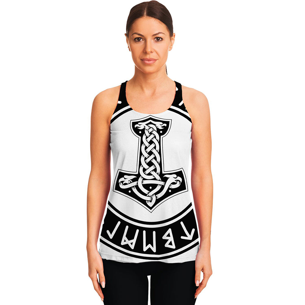 Black And White Mjolnir Print Women's Racerback Tank Top