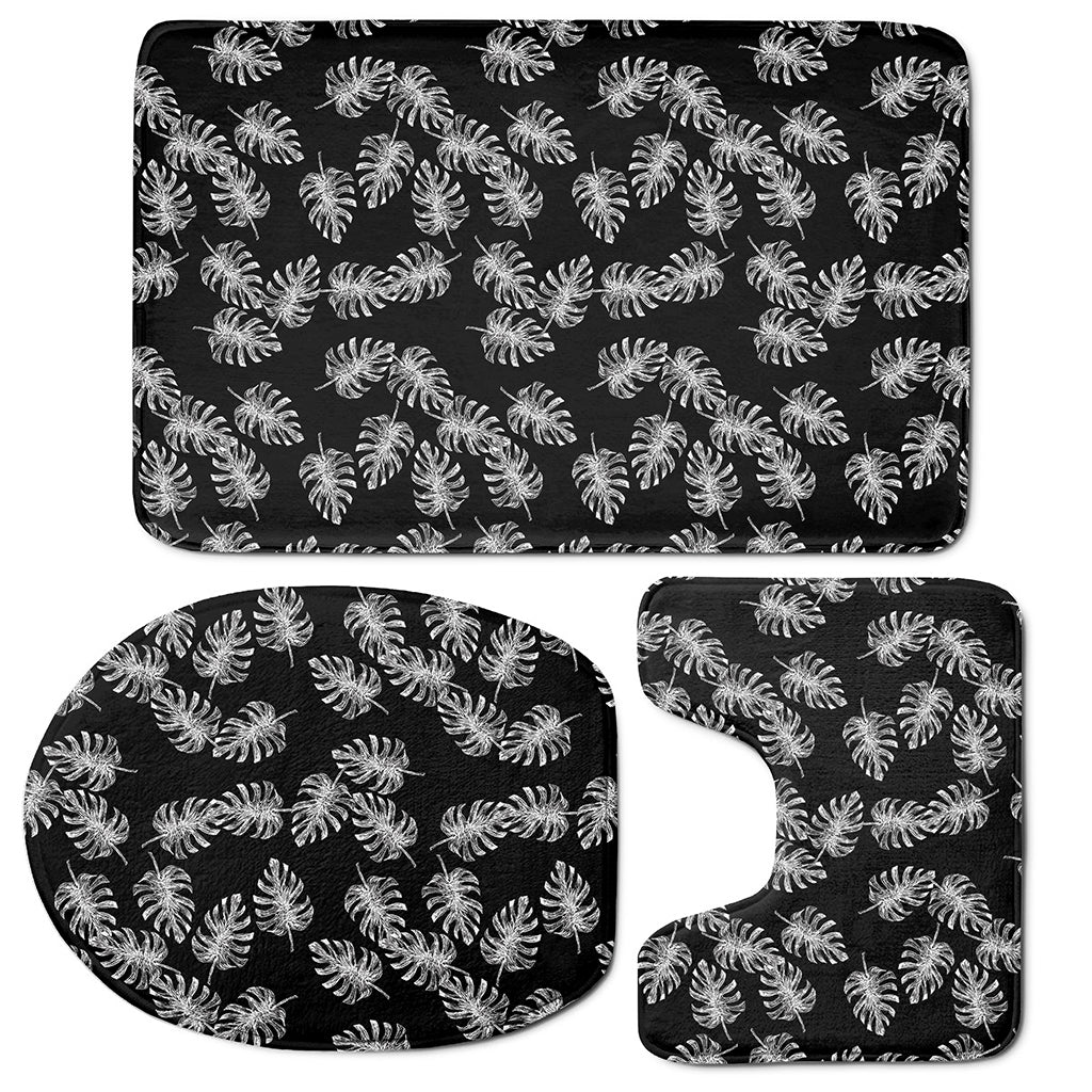Black And White Monstera Pattern Print 3 Piece Bath Mat Set