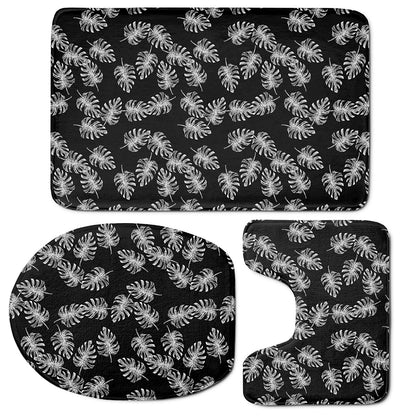 Black And White Monstera Pattern Print 3 Piece Bath Mat Set