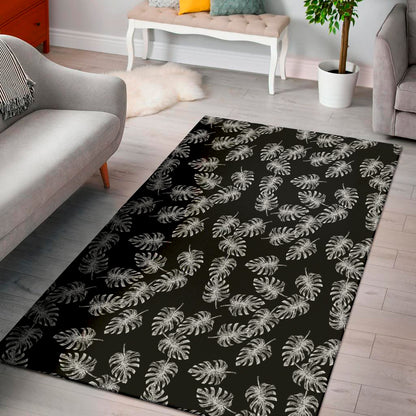 Black And White Monstera Pattern Print Area Rug