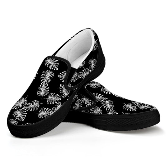 Black And White Monstera Pattern Print Black Slip On Shoes