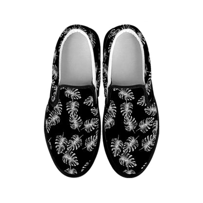 Black And White Monstera Pattern Print Black Slip On Shoes