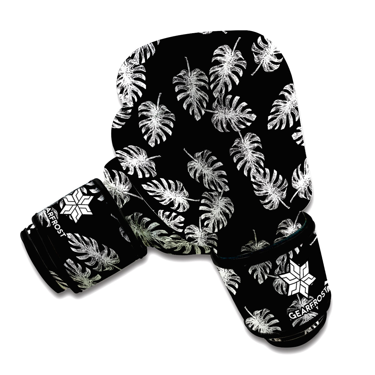 Black And White Monstera Pattern Print Boxing Gloves