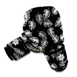 Black And White Monstera Pattern Print Boxing Gloves