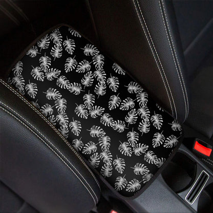 Black And White Monstera Pattern Print Car Center Console Cover