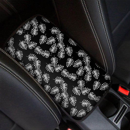 Black And White Monstera Pattern Print Car Center Console Cover