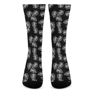 Black And White Monstera Pattern Print Crew Socks