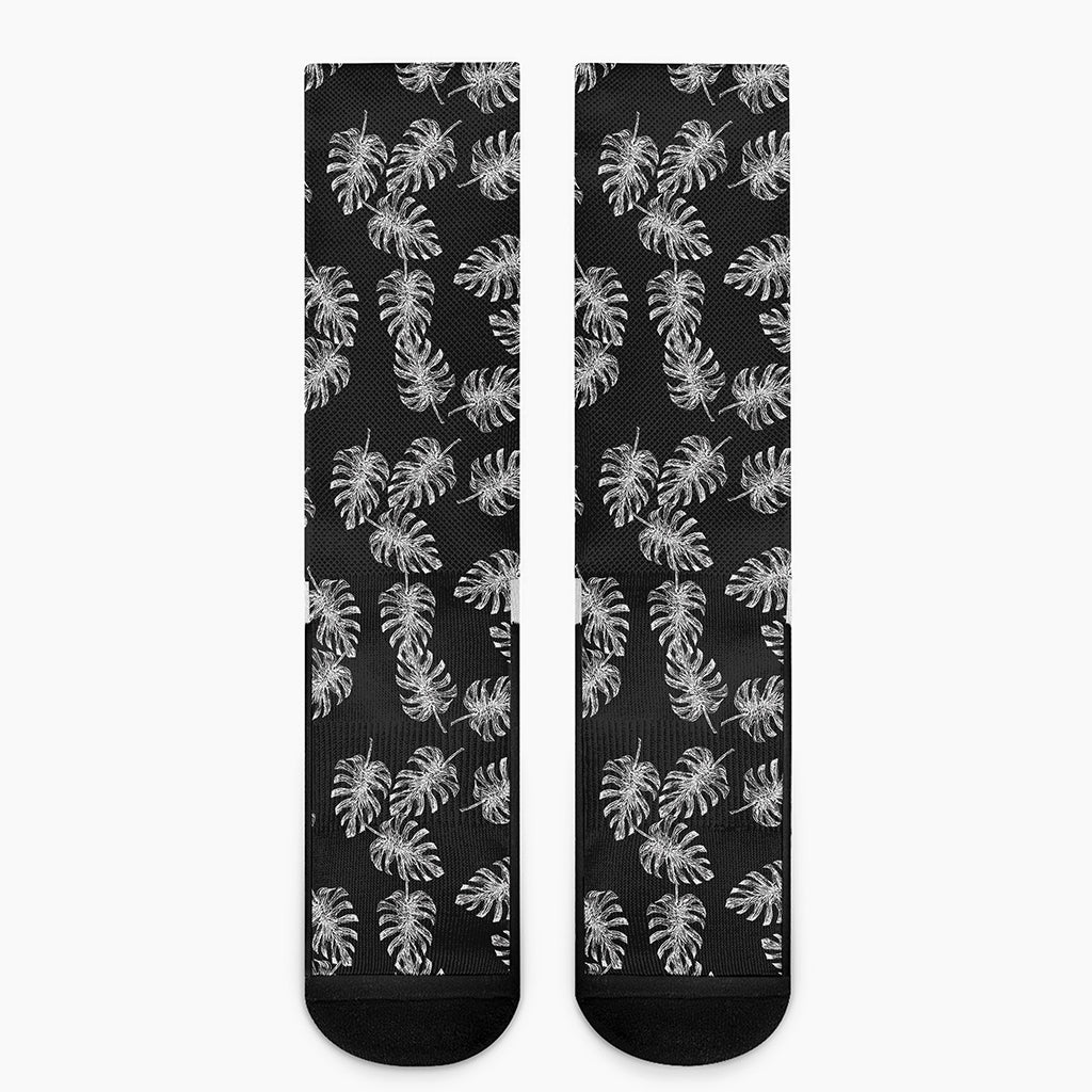 Black And White Monstera Pattern Print Crew Socks