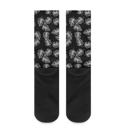 Black And White Monstera Pattern Print Crew Socks