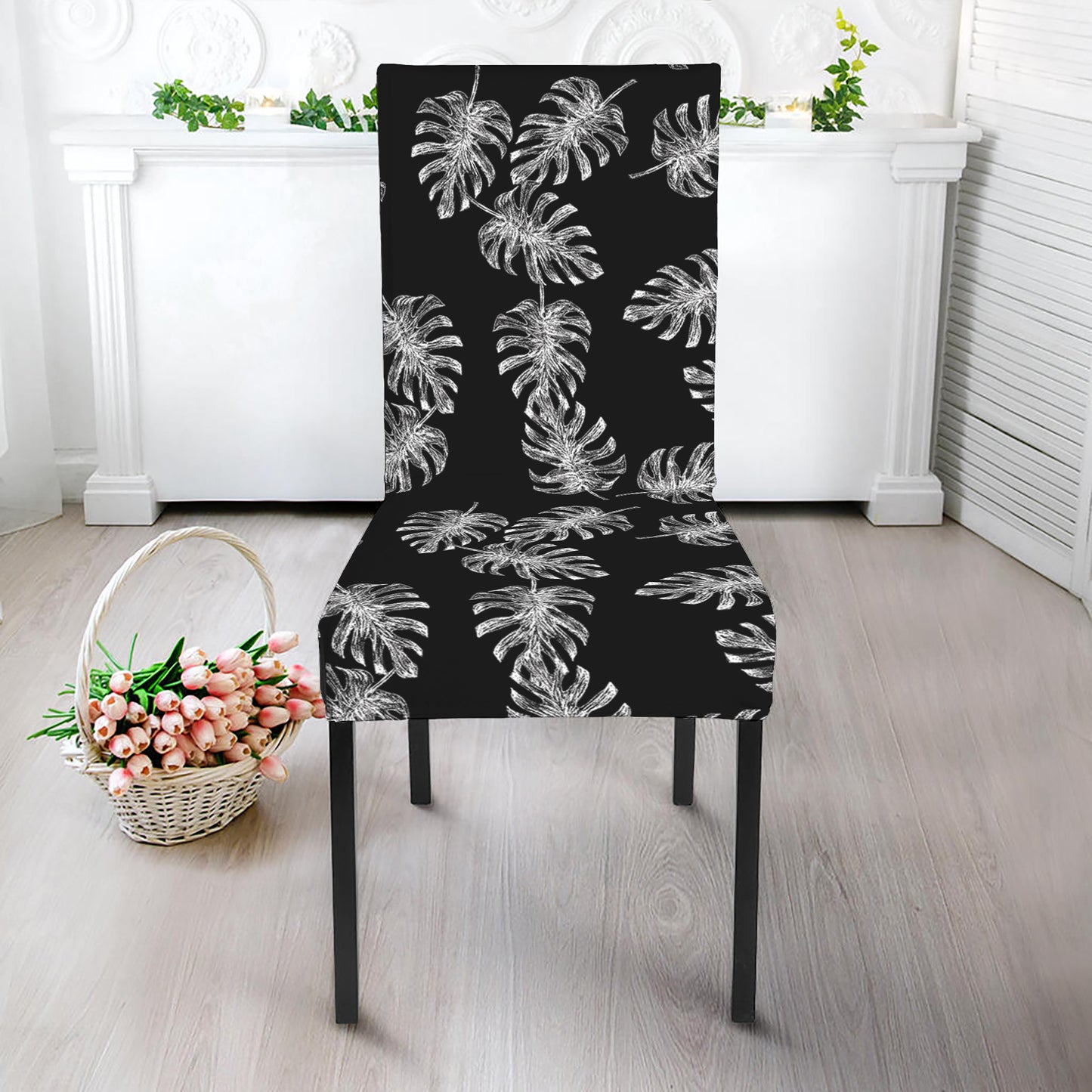 Black And White Monstera Pattern Print Dining Chair Slipcover