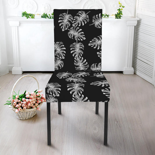 Black And White Monstera Pattern Print Dining Chair Slipcover