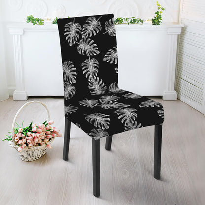 Black And White Monstera Pattern Print Dining Chair Slipcover